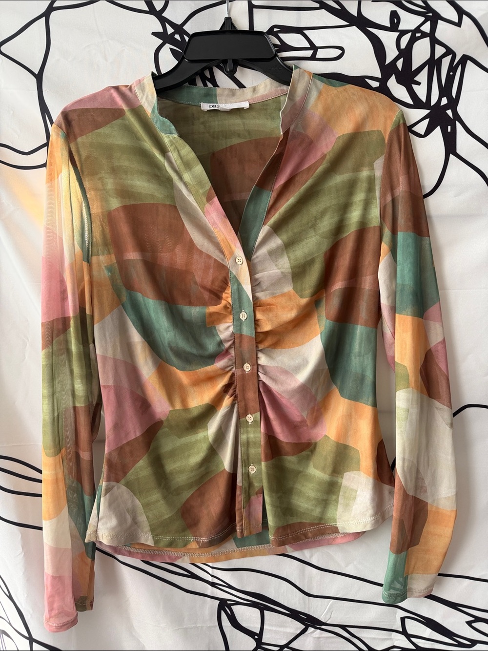 DR2 Multicolor Abstract Ruched Button-Front Shirt